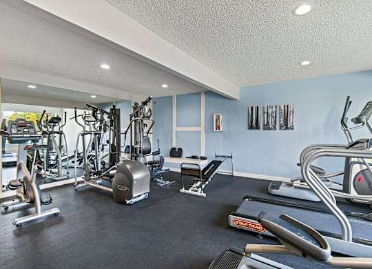A gym with a variety of exercise equipment.