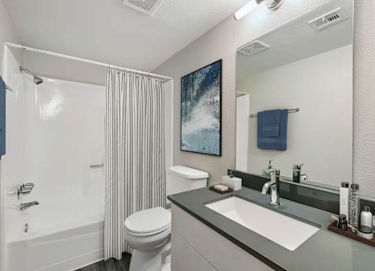A bathroom with a toilet, sink, and shower.