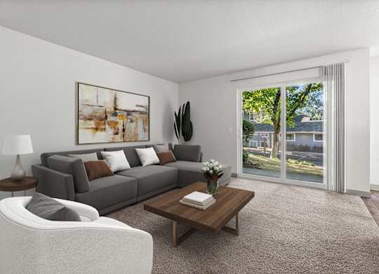 A living room with a grey couch, a white chair, a coffee table, and a painting on the wall.