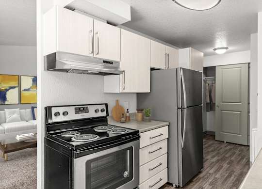 A modern kitchen with a black stove and a black refrigerator.