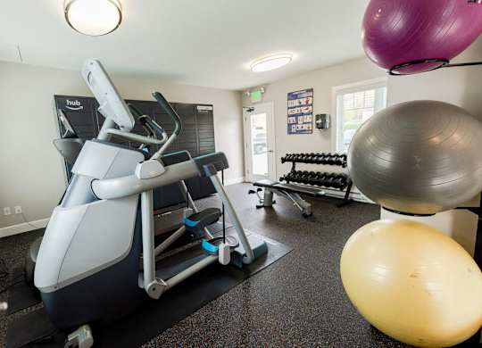 A gym with a treadmill, exercise balls, and weights. at The Aviator, Renton, Washington