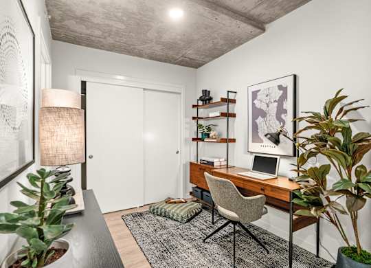 A room with a desk, chair, and potted plants.