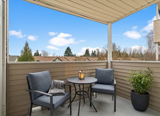 A patio with a table and two chairs and a potted plant.