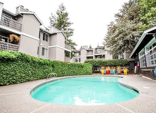 A swimming pool in front of a building with a hedge on the left. at Notch 8, Tacoma, 98444