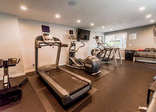 A home gym with a treadmill, exercise bike, and other equipment.