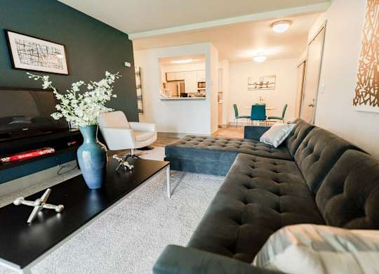 A living room with a black couch and a television.