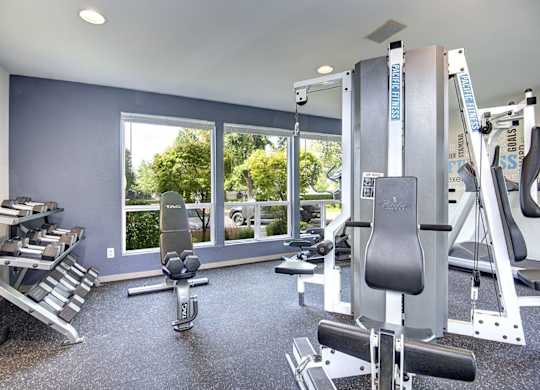 A home gym with a variety of equipment including a squat rack, bench press, and a rowing machine. at The Lakes at Fife, Fife, WA, 98424