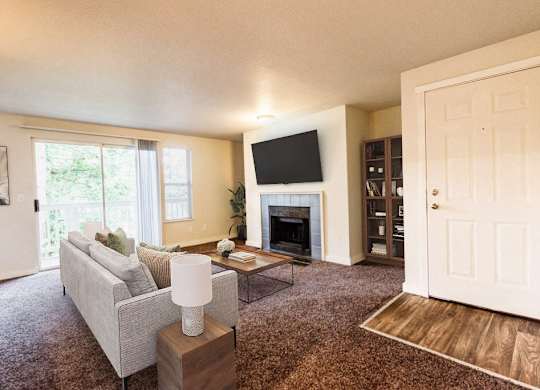A living room with a grey couch, a fireplace, and a television.