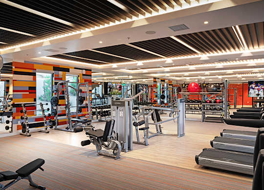 The 24-hour fitness center is fully-equipped with cardio and weight equipment