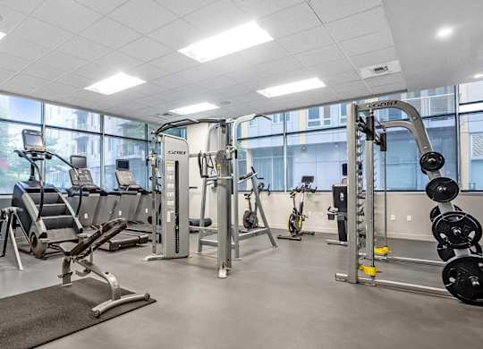 A well-equipped gym with various exercise machines and weights.