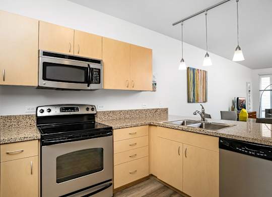 A kitchen with a black microwave above a stove and a black dishwasher.