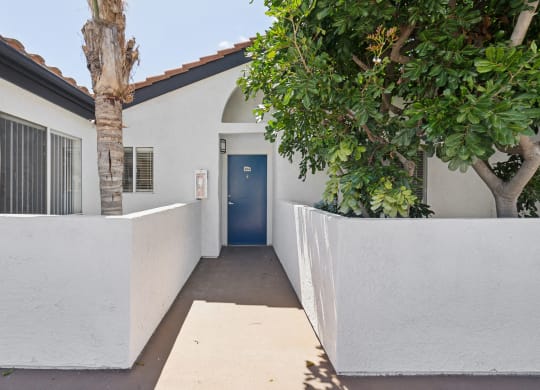 the entrance to a white house with a blue door and trees