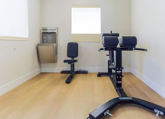 two chairs in a gym room with a window