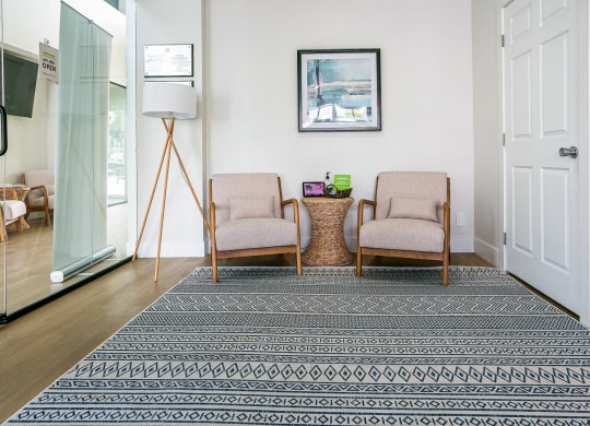 a living room with two chairs and a rug on the floor