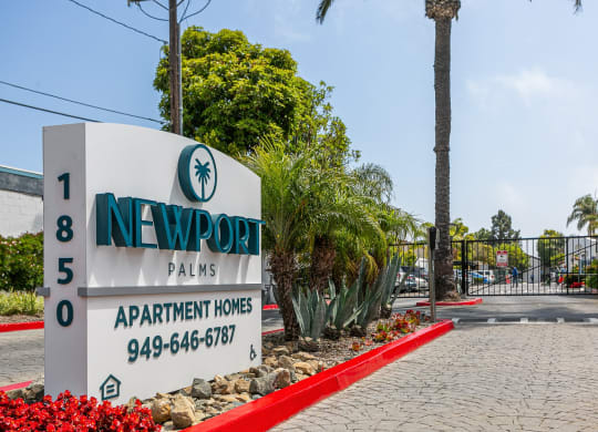 a sign homes in front of a road and palm trees