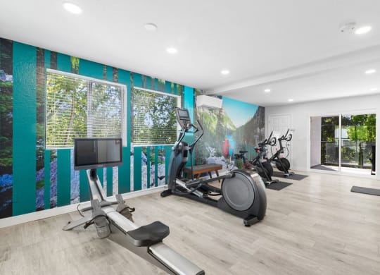 the gym has plenty of exercise equipment and a mural on the wall