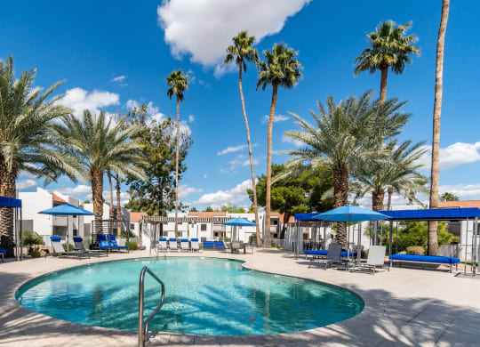 a swimming pool with blue umbrellas and palm trees in the background