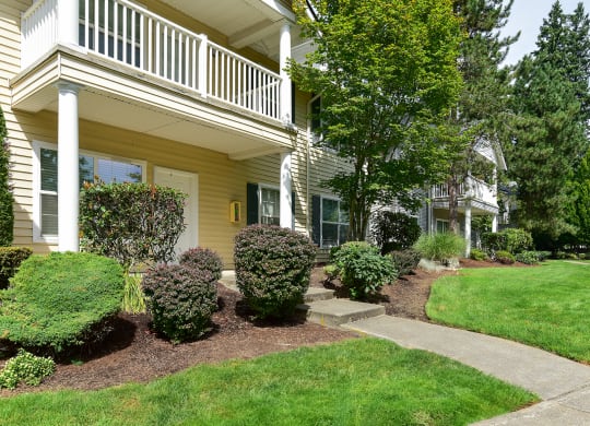 a front yard with shrubs in front of a house