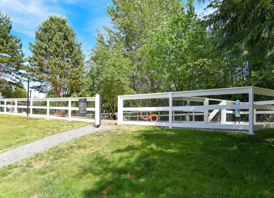 a white fence in a grassy area with trees in the background