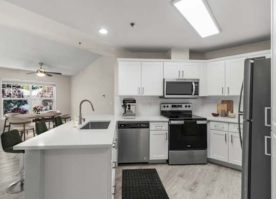 A modern kitchen with white cabinets and stainless steel appliances.