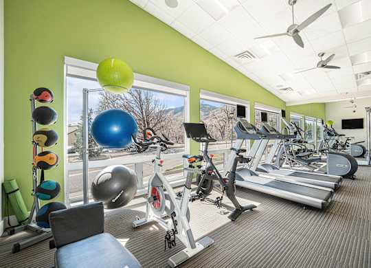 A gym with a variety of equipment including treadmills, exercise balls, and weights.