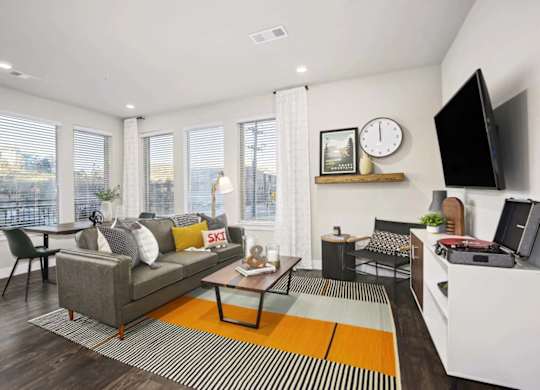 A living room with a grey couch, a coffee table, and a television.