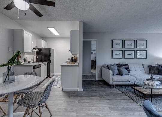 an open concept living room and kitchen in an apartment