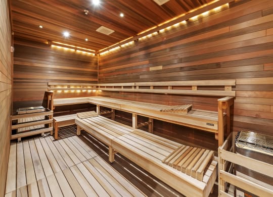 a sauna with wooden benches