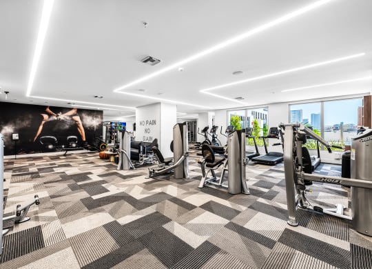 a fully equipped gym with cardio equipment and a large mural of a woman on the wall