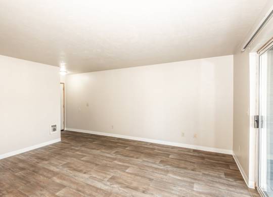 A room with wooden flooring and a sliding glass door.