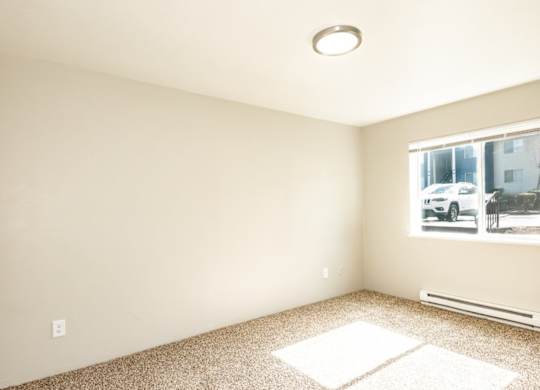 A room with a window showing a street view outside.