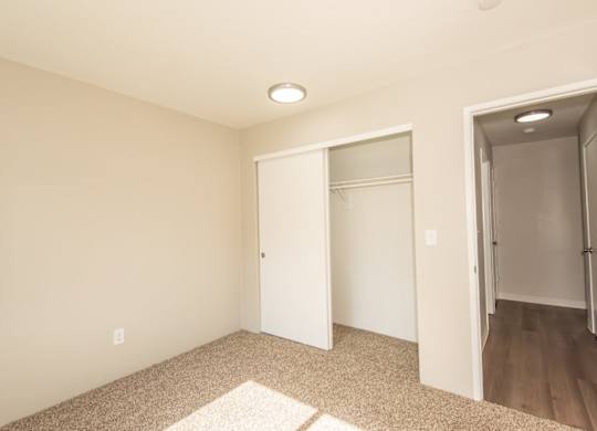 A room with a white door and a carpet on the floor.