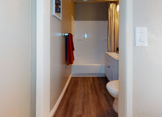 Apartments for Rent in Colton, CA - Las Brisas Apartment Bathroom with Tub and Shower Combo and Single Vanity at Las Brisas Apartments, California