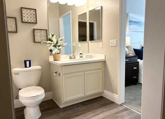 a bathroom with a toilet sink and mirror at Riverton of the High Desert Apartments, Victorville