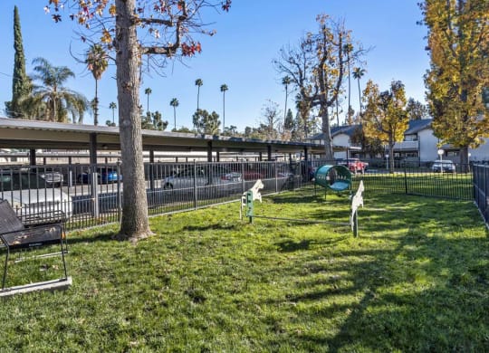a park with a bench and a tree in the middle of a grassy area at Aspire Redlands, California
