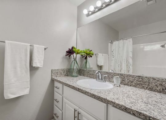 a bathroom with a sink and a mirror at Aspire Redlands, Redlands