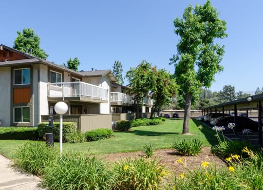an apartment building with a lawn and trees in front of it at Aspire Redlands, California