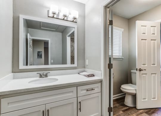 a bathroom with a sink and a mirror and a toiletat Aspire Seneca, Victorville