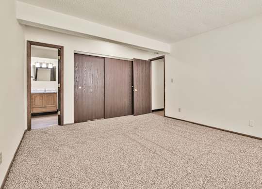 A bedroom with a carpeted floor and a large closet with a mirror. at Winding Hills Apartments, Davenport