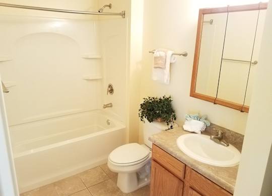 A bathroom with a toilet, sink, and bathtub.at Windsor Crest Apartments, Iowa