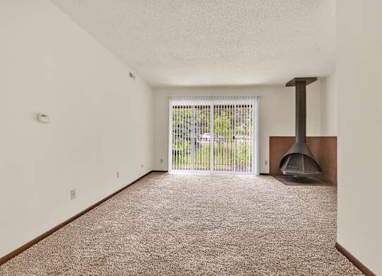 A room with a carpet floor and a fireplace. at Indian Ridge Apartments, Davenport, IA, 52807