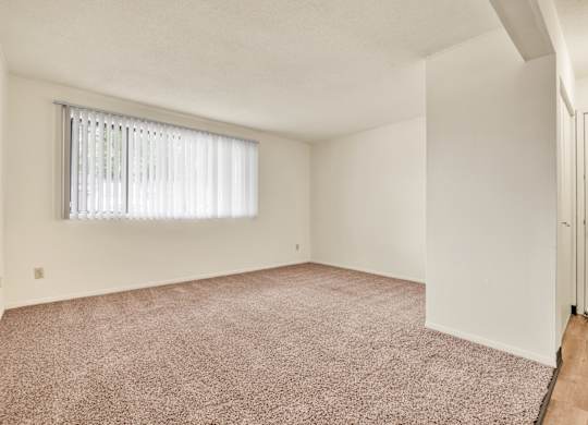 A room with a carpeted floor and a window with blinds. at Indian Ridge Apartments, Davenport, IA, 52807