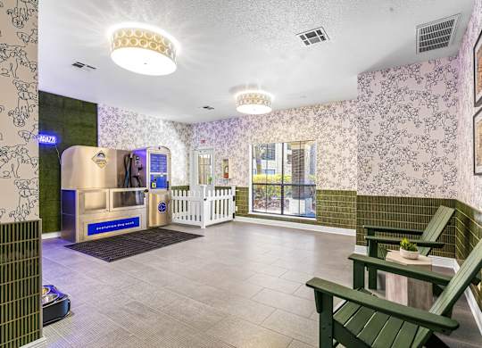 A waiting area with a bench and a wall with a pattern.