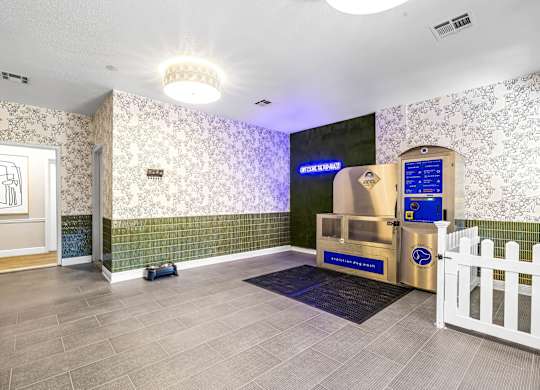 A room with a white picket fence and a blue sign on the wall.
