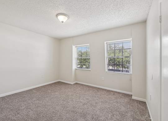 A room with carpeted floor and two windows.