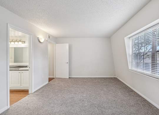 A room with a carpeted floor and a window with blinds.