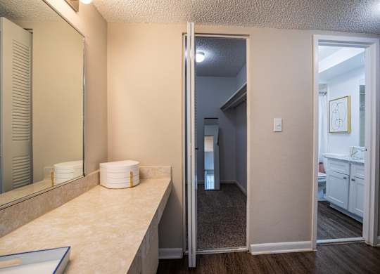 A bathroom with a vanity and a mirror.