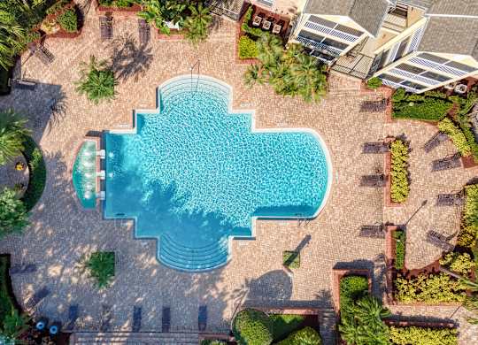 A swimming pool surrounded by a stone patio and landscaping.