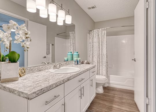 A bathroom with a marble countertop and white cabinets.