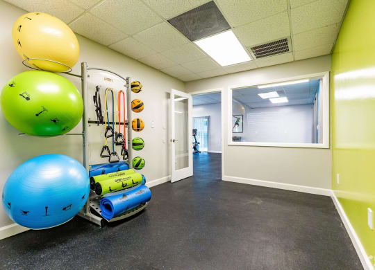 a workout room with weights and other exercise equipment on the wall  at The Park at Chesterfield Apartment Homes, Tampa, FL, 33617